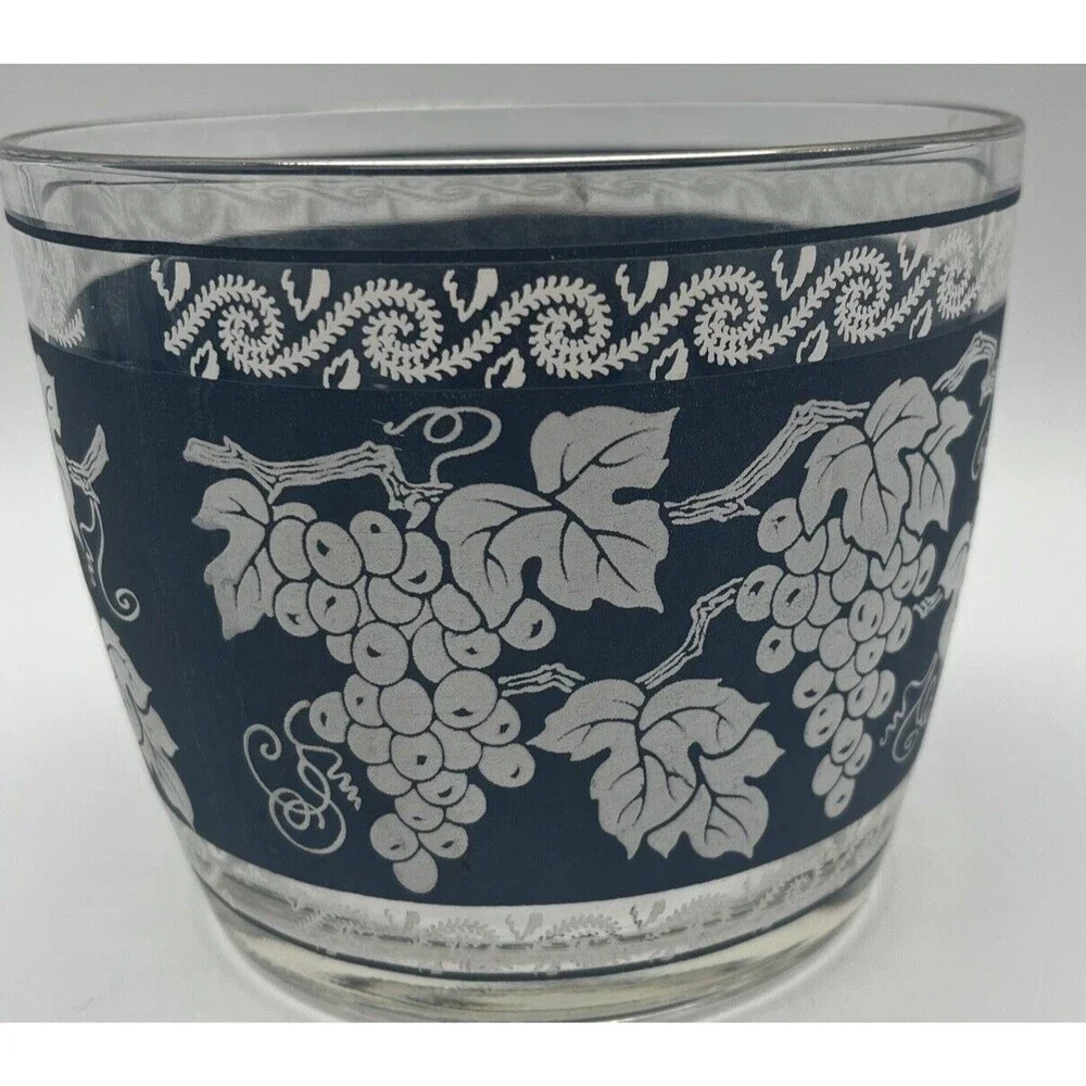 Vintage Hazel Atlas Glass Ice Bucket, Blue With White Grapevine Pattern